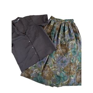 Vtg Floral Pleated Skirt Shirt 2 Piece MIDI Teal‎ Purple Academia Grandma Sz M